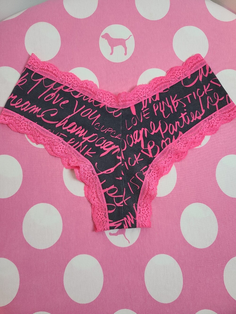 Rare VTG VS PINK Graphic Cotton Lace XLR Cheekiest Hipster Panty Size Sm